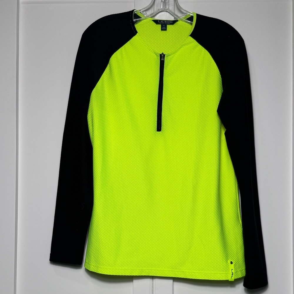 Lauren Ralph Lauren Womens XL Neon Yellow Black Quarter Zip Textured Pullover‎